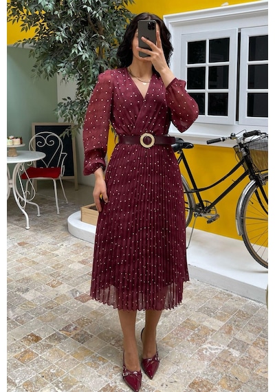 Madmext Bordo Kruvaze Yaka Puantiyeli Şifon Elbise Mg2065 Bordo