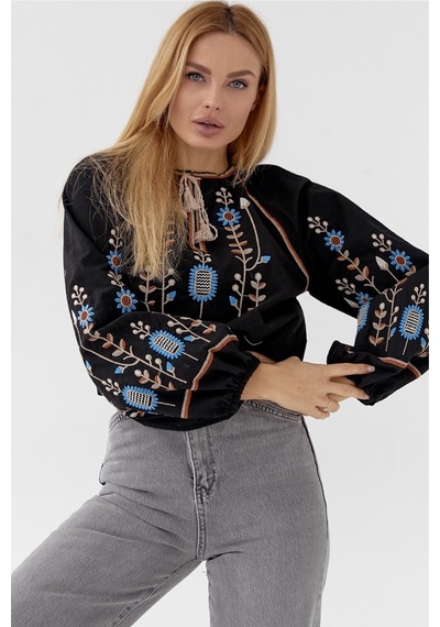 Femelle Kadın Siyah Püsküllü Vintage Nakışlı Pamuklu Bluz