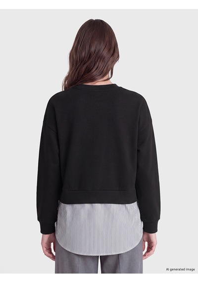 Lcw Modest Siyah Soft Touch Çizgili Kadın Sweatshirt Tunik
