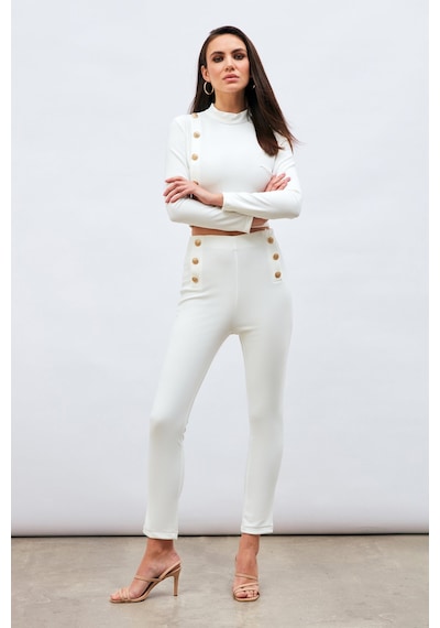 Sateen Düğme Detaylı Pantolon - Ekru-132978 Ekru