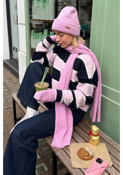 Madmext Pembe Bisiklet Yaka Çizgili Triko Kazak Mg2643 Pembe