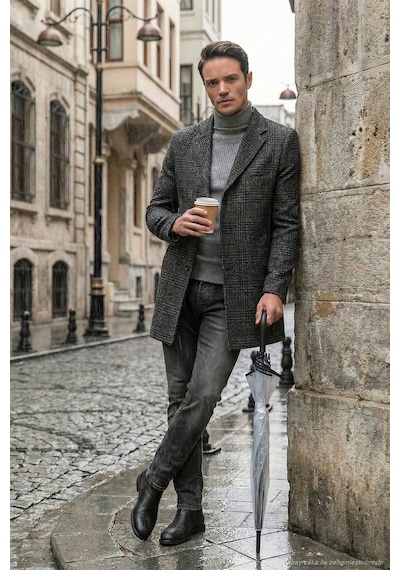 Buratti Slim Fit Tek Yırtmaçlı Düğmeli Mono Yaka Kaşe Erkek Kaban 5840098 Antrasit Ekoseli