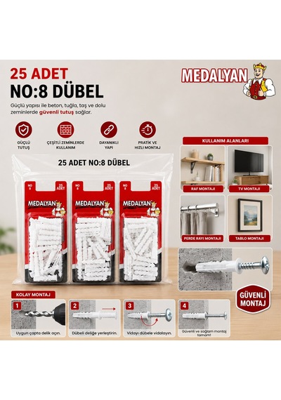Medalyan Dl-47 Beyaz Plastik Dübel No 8 - 25 Adet- 12'li Paket