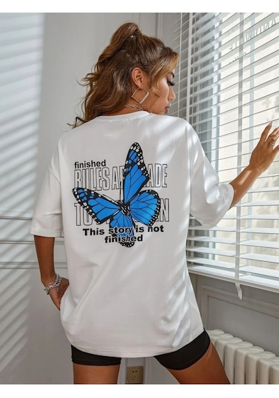 Startmore Unique----kelebek Baskılı Oversize Tişört Beyaz