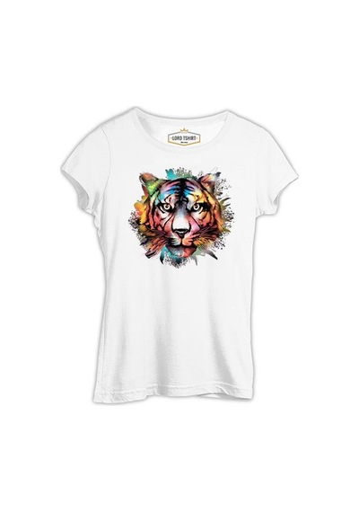 Colorful Tiger Head Beyaz Kadın Tshirt 001