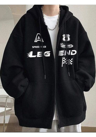 Siyah Kapşonlu Unisex Legend Fermuarlı Hırka Siyah