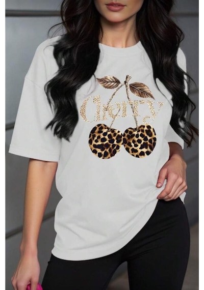Gold Cherry Kadın Oversize Ön Baskılı Bisiklet Yaka Pamuklu T-shirt Rahat Kesim Beyaz