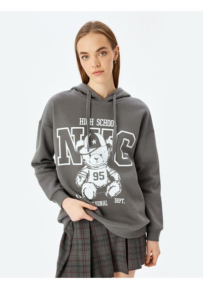 Koton Kolej Baskılı Kapüşonlu Uzun Kollu Sweatshirt Antrasit 5wal10842ık Antrasit