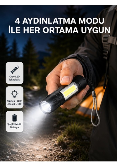 Mey İthalat Ultra Dayanıklı 4 Mod Şarjlı Işıldak Suya Ve Darbeye Dayanıklı 100.000 Saat Led Ömrü