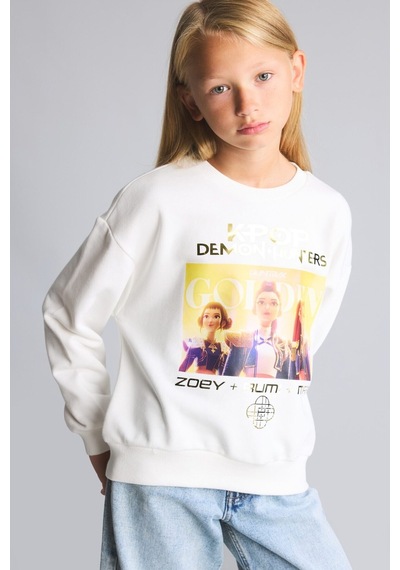 Defacto Kpop - Demon Hunters Relax Fit Baskılı Bisiklet Yaka Sweatshirt Kız Çocuk I3552a826auer105 Ekru-er105