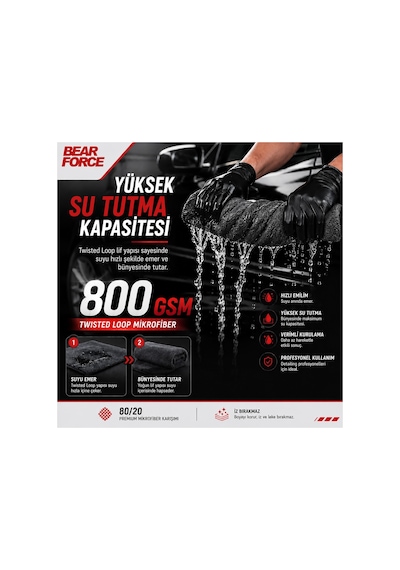 Robeve Bear Force Araç Kurulama Havlusu 60x80 Cm 800 Gsm Twisted Loop Mikrofiber Oto Kurulama Bezi Yüksek Su Emici Çiziksiz Araç Kurulama Havlusu Profesyonel Araç Bakım Ve Oto Yıkama Bezi