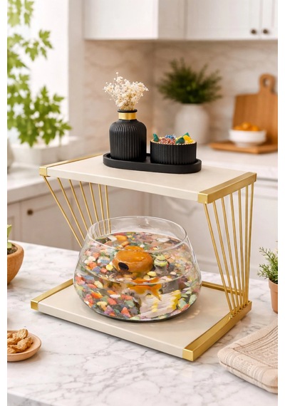 Reyo Ok-ay Store Exclusive Işıklı Beta Akvaryum Ve Fanus Modern Tasarım Led Aydınlatmalı Modern Temalı Fanus Gold-krem