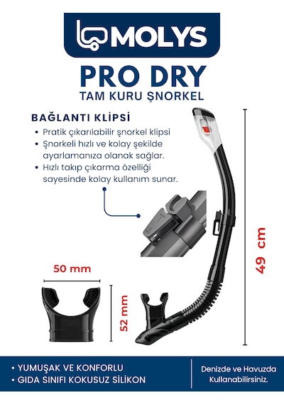 Molys Angel Dalış Maskesi + Antı Fog Buğu Önleyici Film + Pro Full Dry Tam Kuru Şnorkel + Maske Koruma Kutusu Set Halinde Siyah - Siyah
