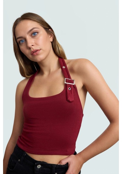 Ersefa Fitted Kalıp Viskoz Ribana Crop Bluz Boyundan Bağlamalı Yaka Günl bordo