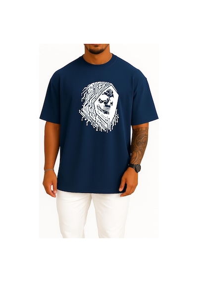 Bahriyeli Collection Oversize Hacker Skull Göğüs Ve Sırt Tasarımlı Unisex T-shirt Lacivert