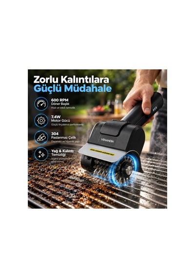 Rc-4ba Grillo Şarjlı Elektrikli Barbekü Ve Izgara Temizleme Fırçası, 7,4w, Paslanmaz Çelik, Type-c - Siyah