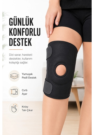 Açık Patella Destekli Ayarlanabilir Cırtlı Dizlik Spor Günlük Kullanım Diz Bandajı Siyah