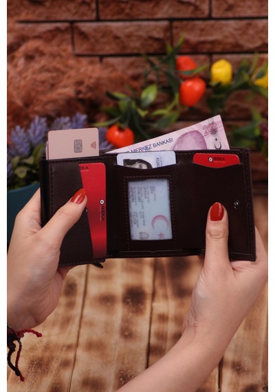Özka Leather Suni Deri Mekanizmalı Vegan Deri Kartlık Cüzdan Portföy Kahverengi Siyah