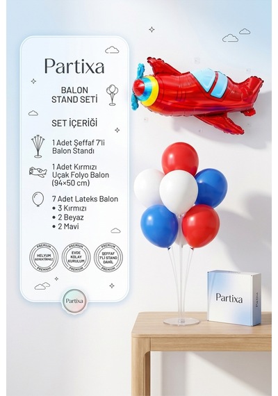 Kırmızı Uçak Balon Stand Seti Şeffaf 7 Li Stand + Kırmızı Uçak Folyo Balon 94 50 Cm + 7 Lateks Balon