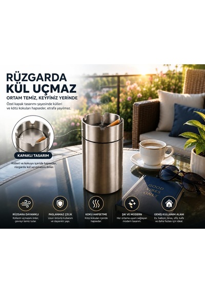 Paslanmaz Çelik Dumansız Küllük - Rüzgara Dayanıklı Kapaklı Kül Tablası - Paslanmaz Çelik Oto, Modern Ofis, Ev Ve Balkon Tipi Küllük - Koku Hapsetme Özellikli