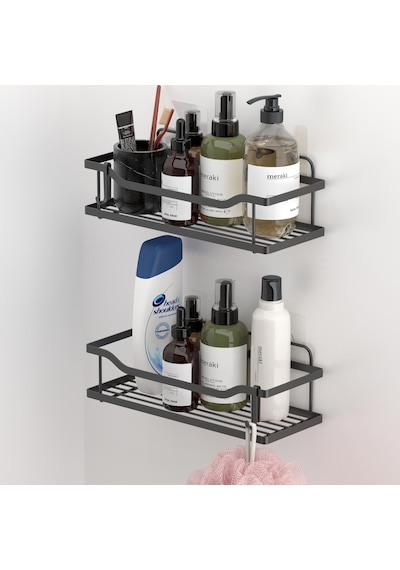 Teknotel Yapışkanlı Kancalı 2 Adet Banyo Rafı Mat Siyah St285h Çok Renkli