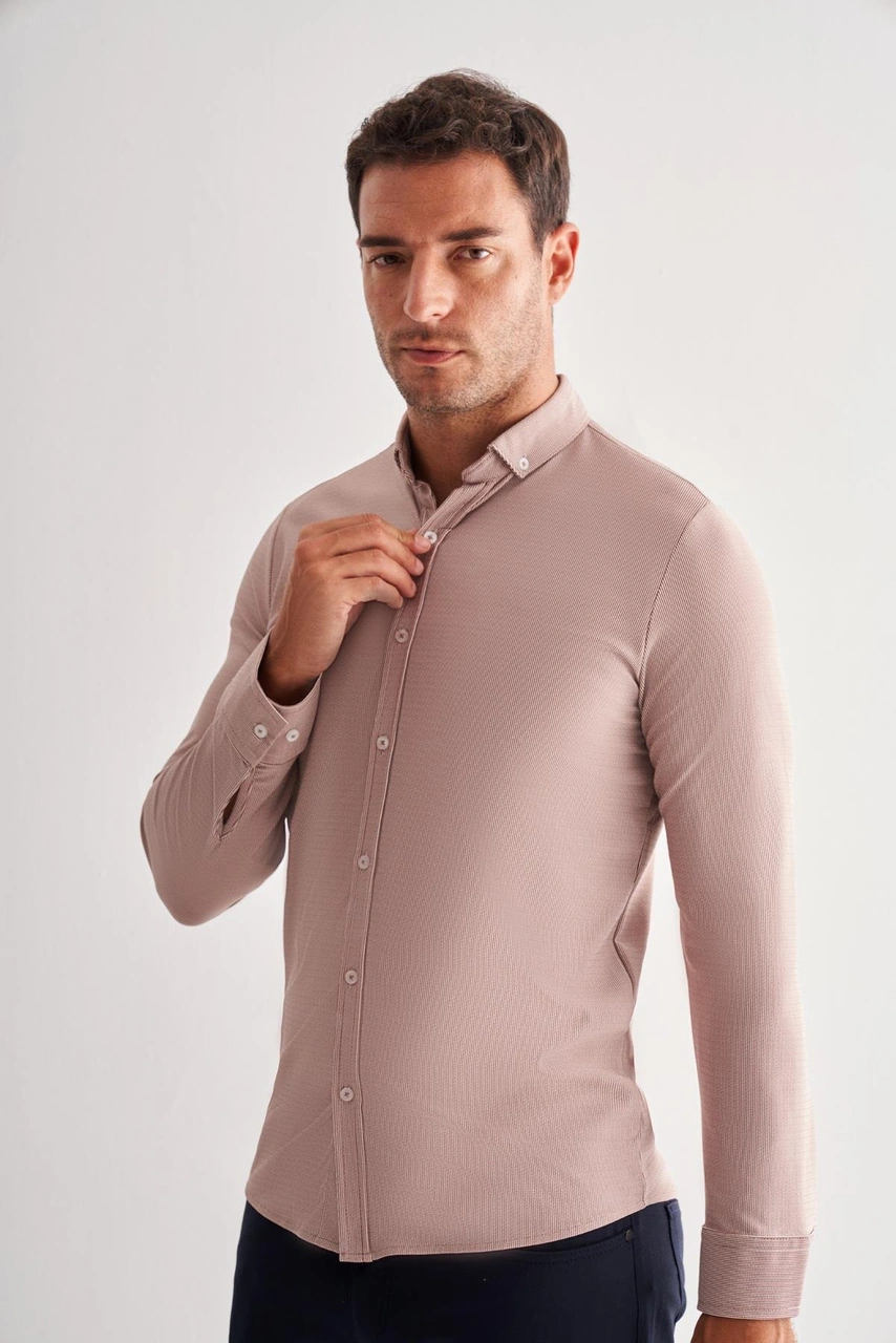 İmza Koyu Kahverengi Smart Düğmeli Yaka Uzun Kol Cepsiz Slim Fit Casual Gömlek 1004255165 Kahverengi