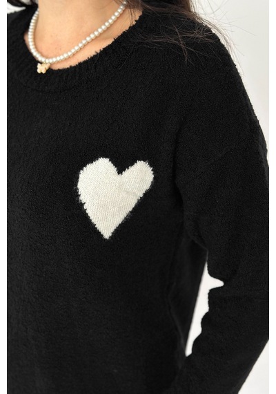 Noa & Noa Kadın Kalpli Kalın Triko Kazak Oversize & Minimal Romantik Stil Siyah
