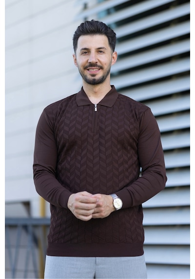 Hk Premium Erkek Triko Kazak Zikzak Desenli Polo Yaka Fermuarlı Slim Fit Kahverengi