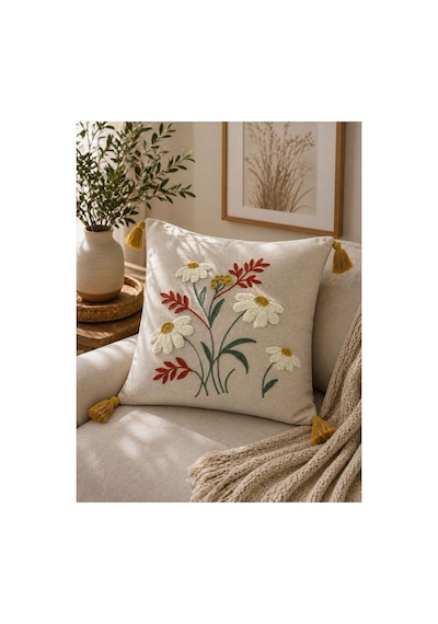 Punch Nakışlı Kırlent Kılıfı 45x45 Cm Kırlangıç Home Çapa Çiçek Desenli Çok Renkli