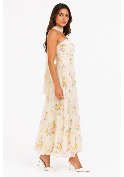 Elora Atelier Çiçek Desenli Şallı Askılı Elbise Çok Renkli
