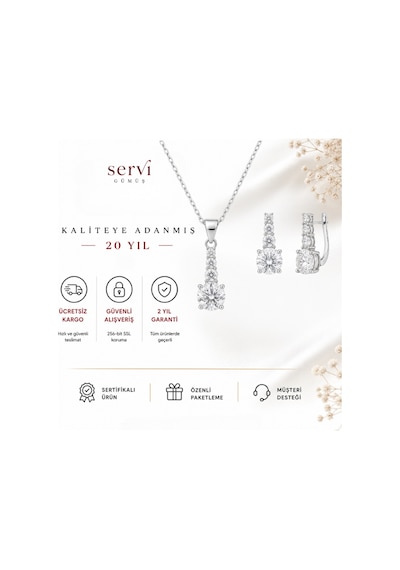 Servi 925 Ayar Gümüş Üç Taş Detaylı Tektaş Kolye Ve Küpe Seti-334