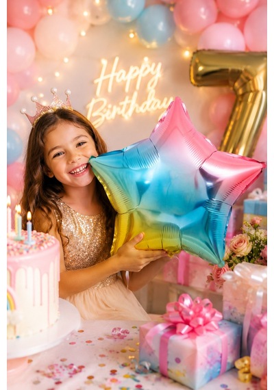 Folyo Balon Yıldız Rainbow 18 İnç 45 Cm Renkli Doğum Günü Parti Kutlama Süsleme Dekor Balonu Çok Renkli