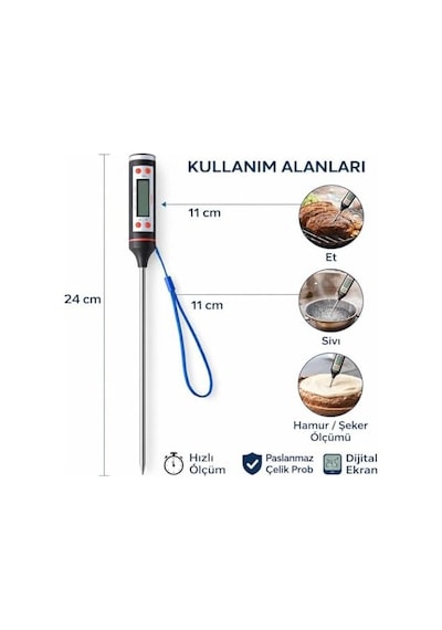 Dijital Mutfak Termometresi Paslanmaz Çelik Prob, Hızlı Ölçüm, Lcd Ekranlı Gıda Termometresi, Et Sıvı Hamur Şeker Ölçümü, 24 Cm Uzunluk Ahşap