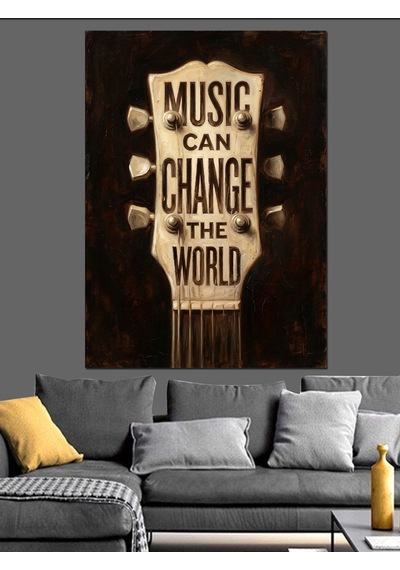 Müzik Dünyayı Değiştirir Yazılı Gitar Dekoratif Kanvas - Mdf Ahşap Tablo