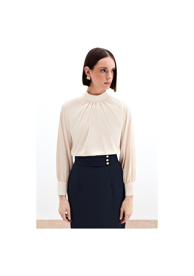 Sateen Yaka Detaylı Saten Bluz - Bej-130534 Bej