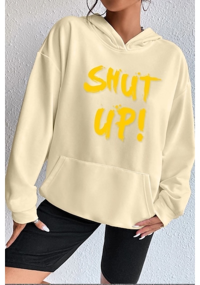Uyguntarz Unisex Shut Up Baskılı Sweatshirt Bej
