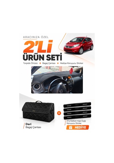 Nissan Note E12 2009-sonrası Uyumlu Torpido Örtüsü + Deri Bagaj Çantası + Sticker Seti - Siyah