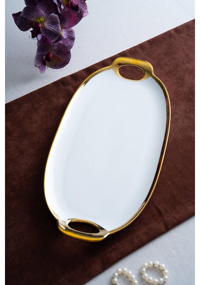 Acar Arven Oval Gold Sunum Tepsisi - 45 Cm Beyaz