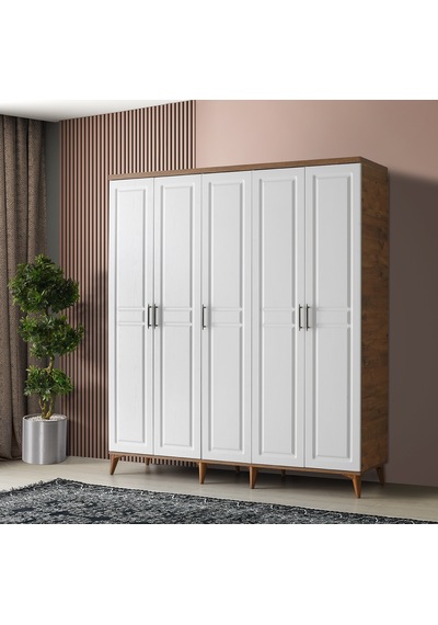 GuneyStore Sport 5 Kapaklı Komple MDF Atlantik Çam-Beyaz Gardırop