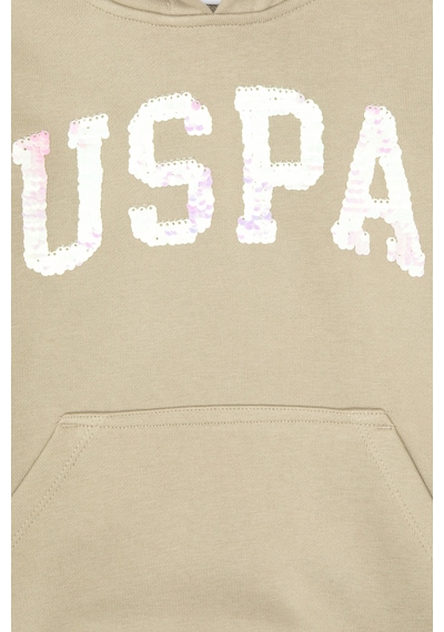U.S. Polo Assn. Kız Çocuk Açık Haki Payet İşlemeli Kapüşonlu Basic Sweatshirt 50314312-VR183