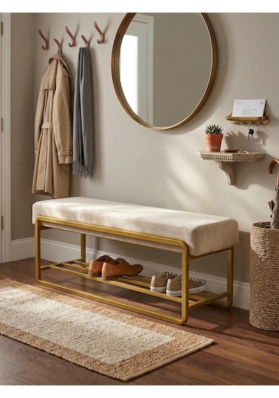 Line Modern Bench Puf Gold Metal 120 Cm - Antre, Giriş Holü, Ofis İçin Şık Dekoratif Bench Cappuccino