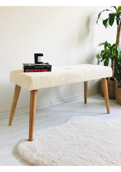 Ahşap Ayaklı Handmade Geniş Oturum Krem Welsoft Kumaş Bench ,ayak Ucu Uzatmalık,berjer, Koltuk Bej