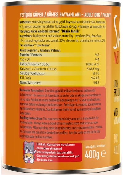 Sapphere Kümes Hayvanlı Yetişkin Köpek Maması Konserve 400 Gr 24 Adet