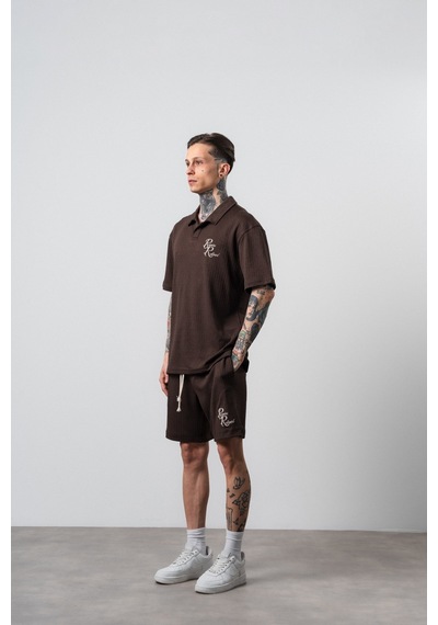 Erkek Respire Relined Yazılı Regular Fit T-shirt Şort Takım Kahve Kahverengi