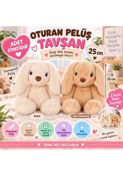 Oturan Peluş Tavşan 25 Cm Krem