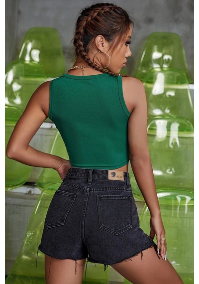 Angbutik Kadın Yeşil Kare Yaka Crop Top Bluz