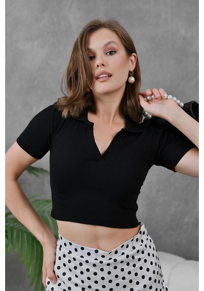 Park Karon Kadın Siyah Polo Yaka Basic Crop Body Siyah
