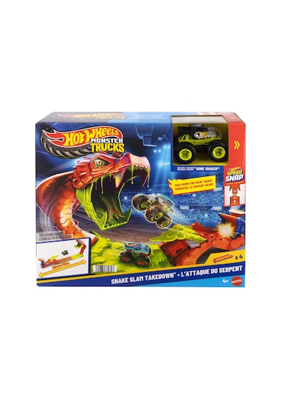 Hot Wheels ® Monster Trucks Snake Bite Güç Darbesi oyun seti ve 1:64 ölçekli Bone Shaker JJN44