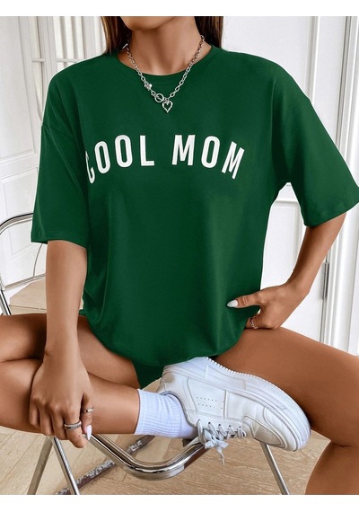 Cool Mom T-shirt - Yeşil Baskılı Oversize Bisiklet Yaka Kısa Kol Tişört Yeşil
