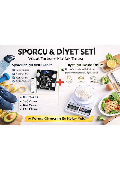 Akıllı Dijital Vücut Tartısı + Hassas Mutfak Tartısı Seti Lcd Ekran 180 Kg / 10 Kg Beyaz